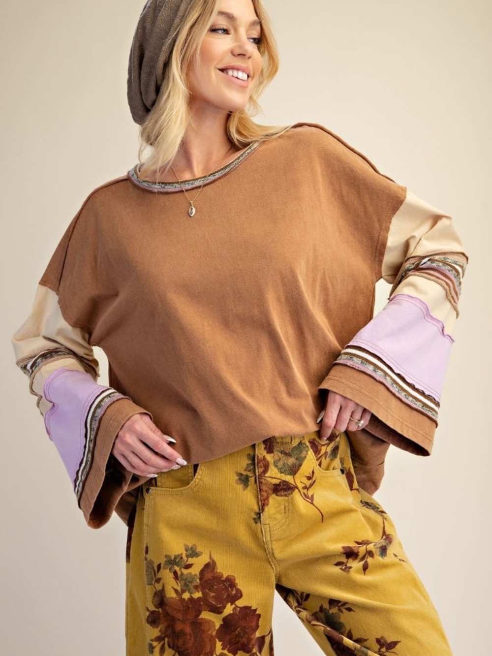 New Easel Striped Mix Print Mineral Washed Shirt Pullover Top Boxy Relaxed Fit